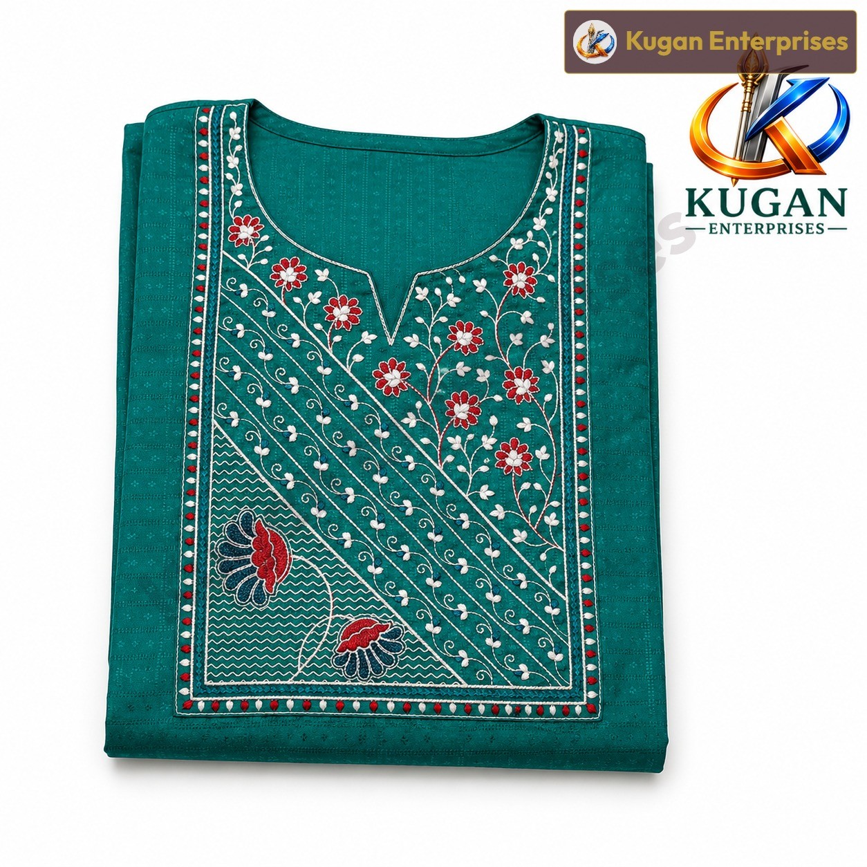 Teal Floral Embroidered Cotton Polyester Blend Straight Kurta