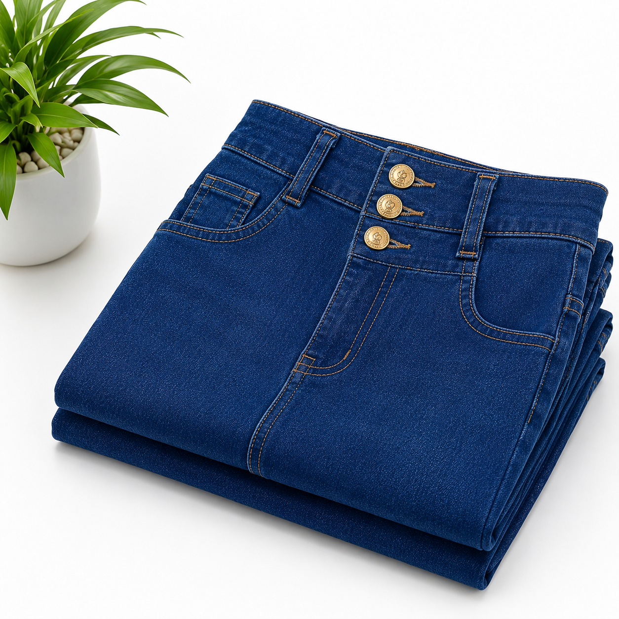 Women's Premium High-Waist 3 Golden Button Flared Stretch Jeans | Hip Comfort Fit | Dark Blue