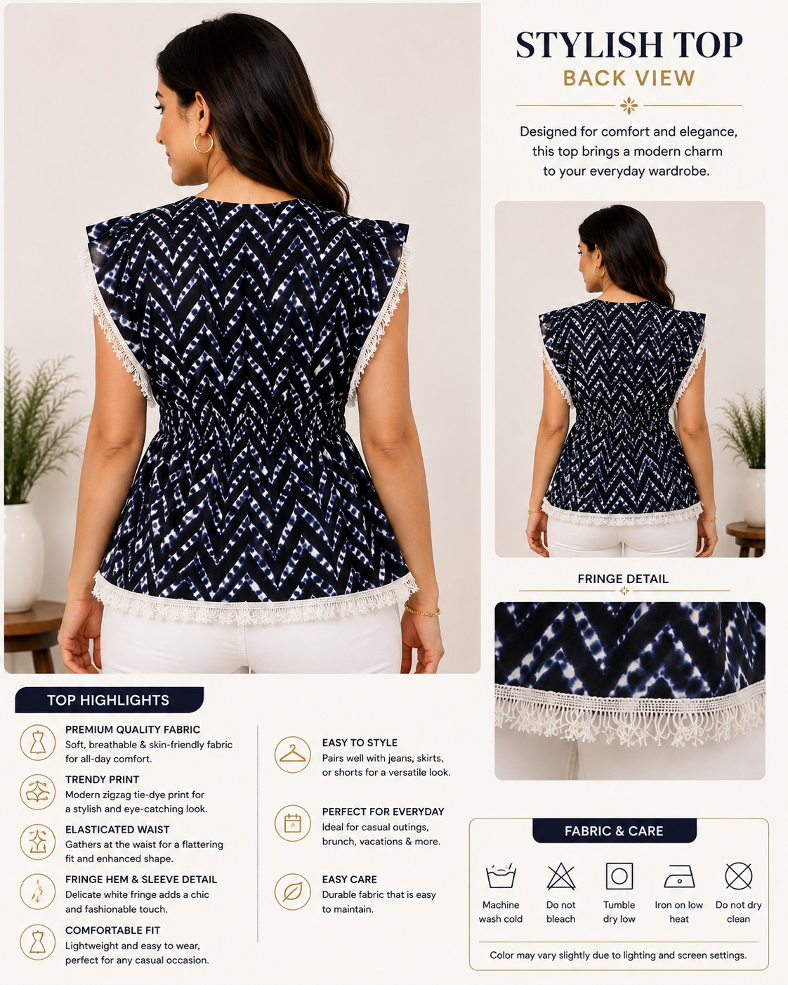 Women’s Navy Blue & White Chevron Printed Top with Fringe Detail – Stylish Casual Wear