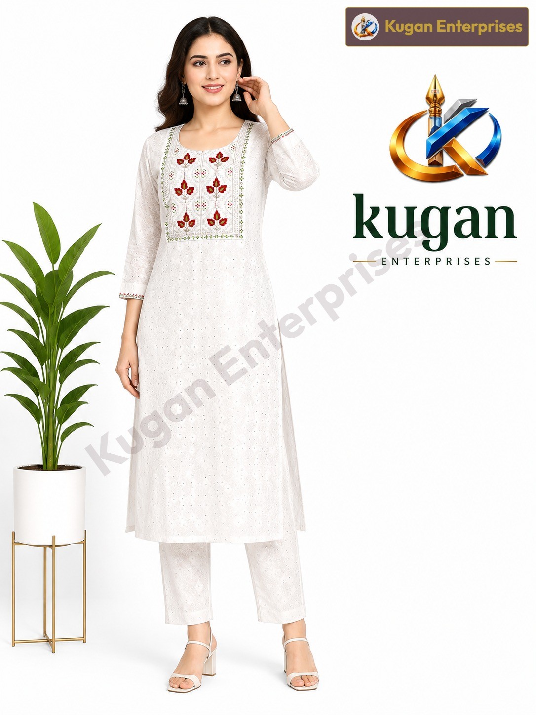 Women's White Embroidered Kurta & Straight Pant Set