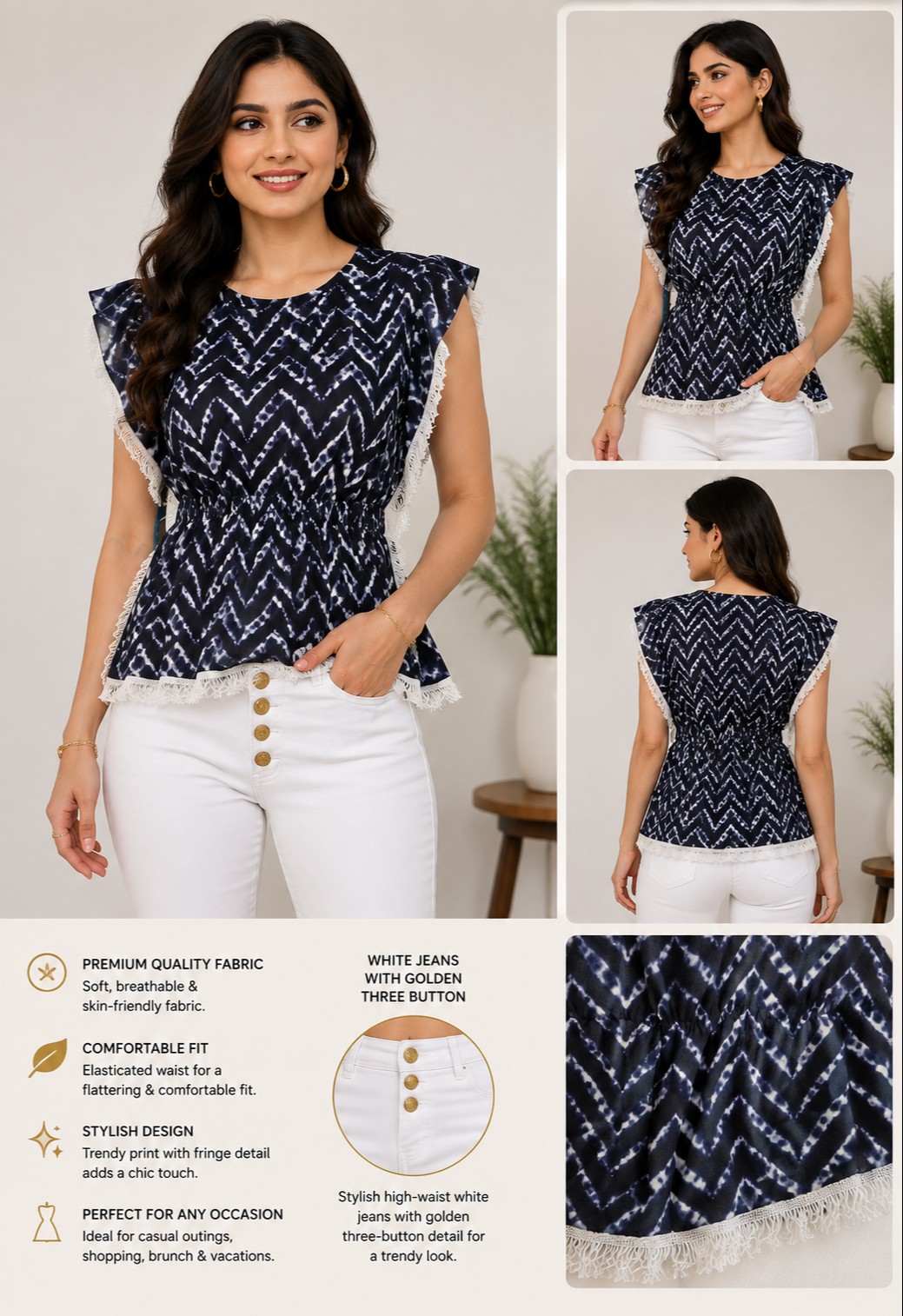 Women’s Navy Blue & White Chevron Printed Top with Fringe Detail – Stylish Casual Wear