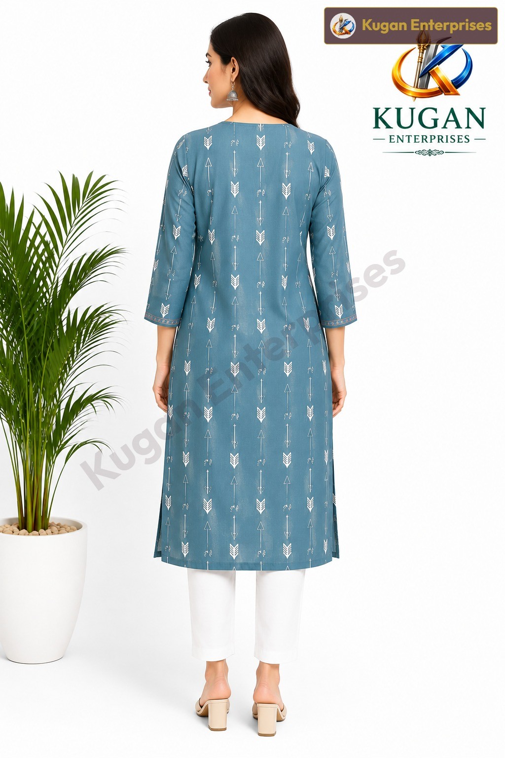 Teal Blue Flamingo Embroidered Rayon Kurta
