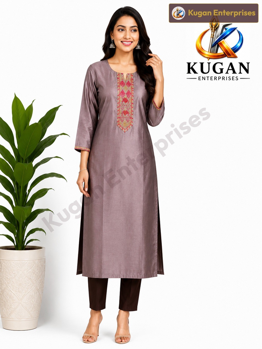 Mauve Elegance Embroidered Silk Cotton Kurta