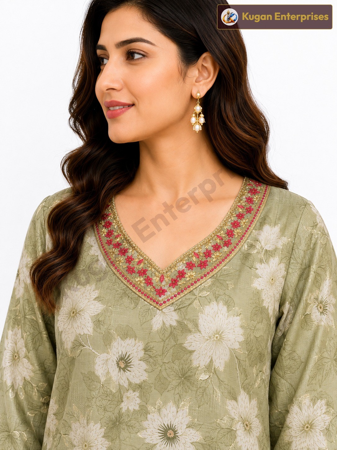 Women's Sage Green Floral Printed Kurta Pant Set with Designer Tissue Dupatta