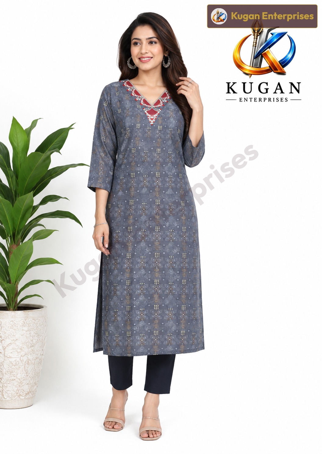 Grey Geometric Embroidered Women’s Kurta