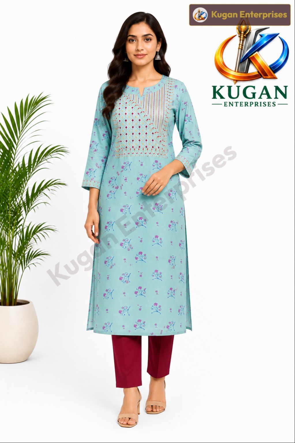 Mint Blue Printed Embroidered Straight Rayon Kurta