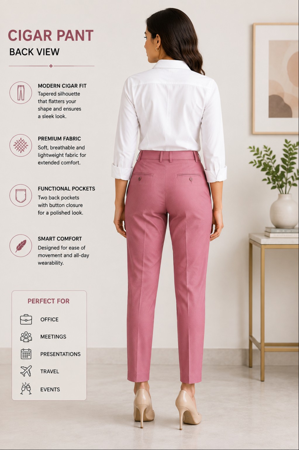 Women’s Pink Cigar Pant – Smart Fit Formal Trousers