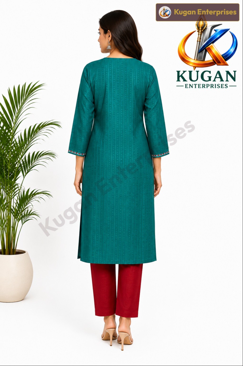 Teal Floral Embroidered Cotton Polyester Blend Straight Kurta