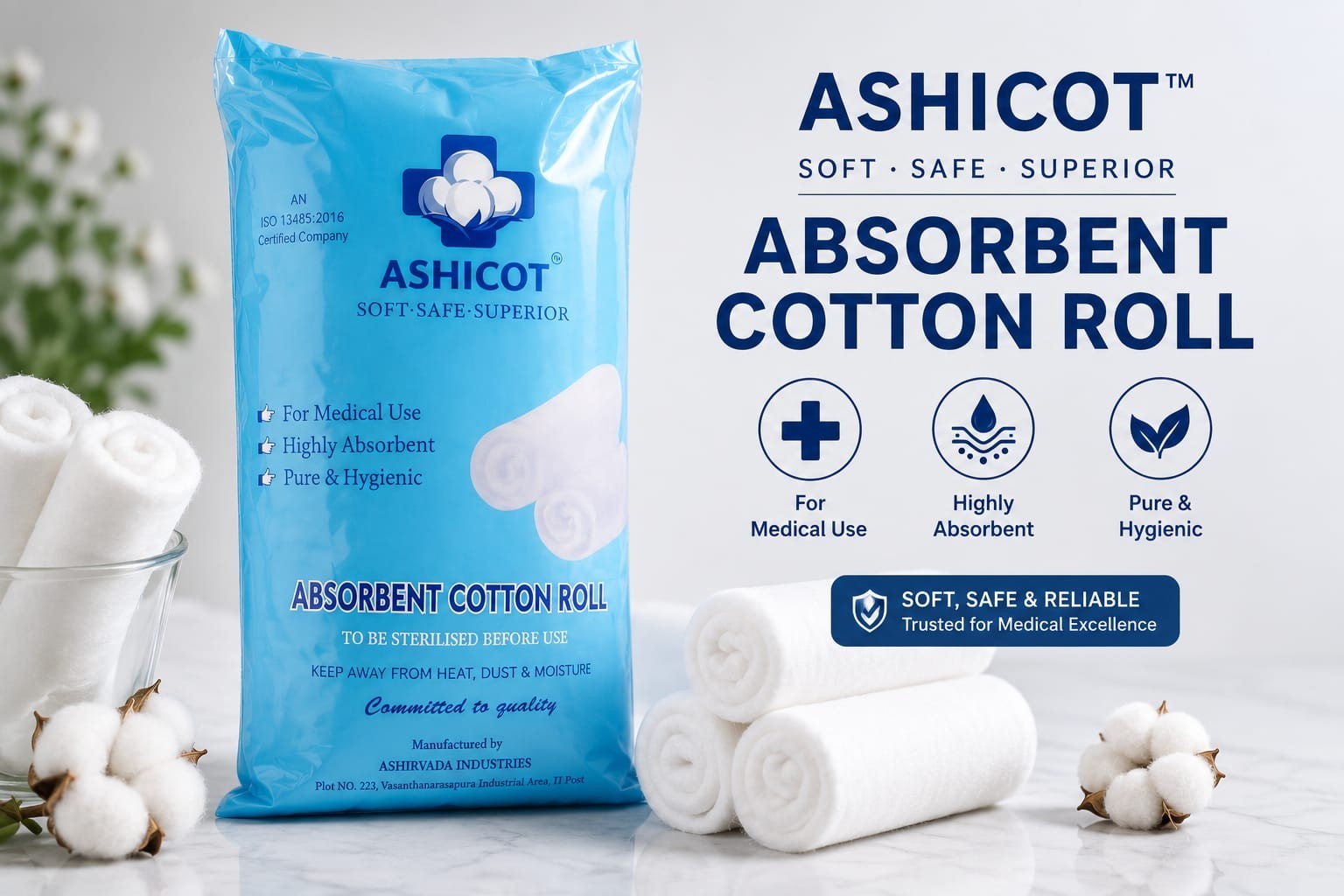ASHICOT Absorbent Cotton Roll 250gm for Medical Use – 100% Pure, Soft & Non-Sterile for First Aid, Wound Dressing, Baby Cleaning, Clinics