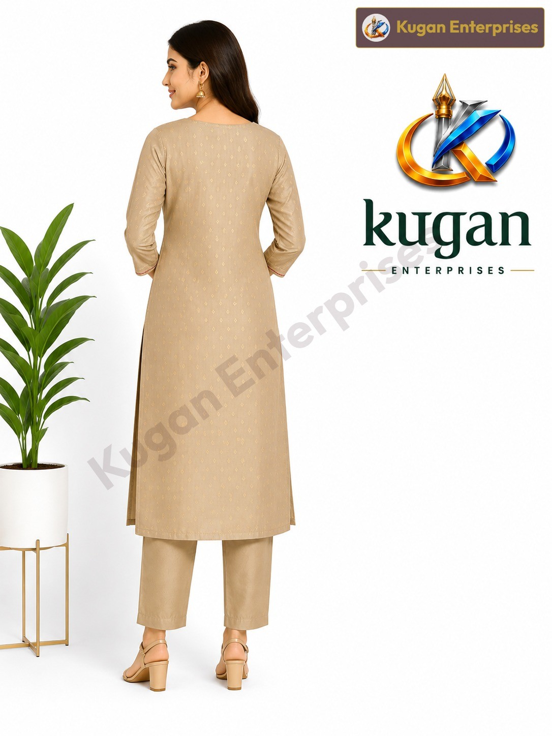 Beige Floral Embroidered Straight Kurta Pant Set