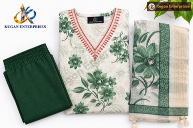 Green Floral Printed Kurta Set with Organza Dupatta – Cream & Green