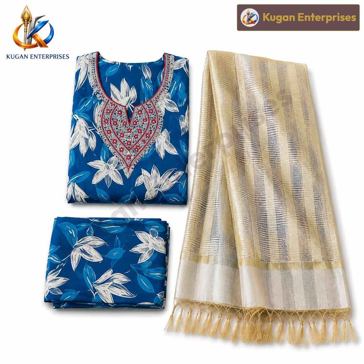 Blue Floral Embroidered Kurta Pant Set with Gold Tissue Dupatta