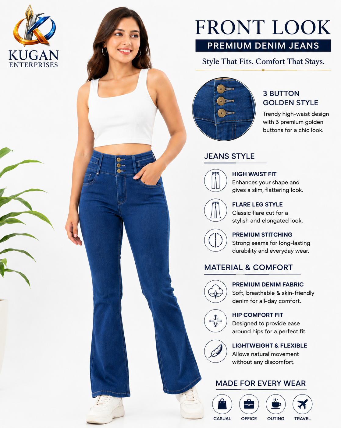 Women's Premium High-Waist 3 Golden Button Flared Stretch Jeans | Hip Comfort Fit | Dark Blue