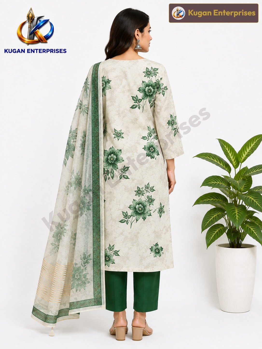 Green Floral Printed Kurta Set with Organza Dupatta – Cream & Green