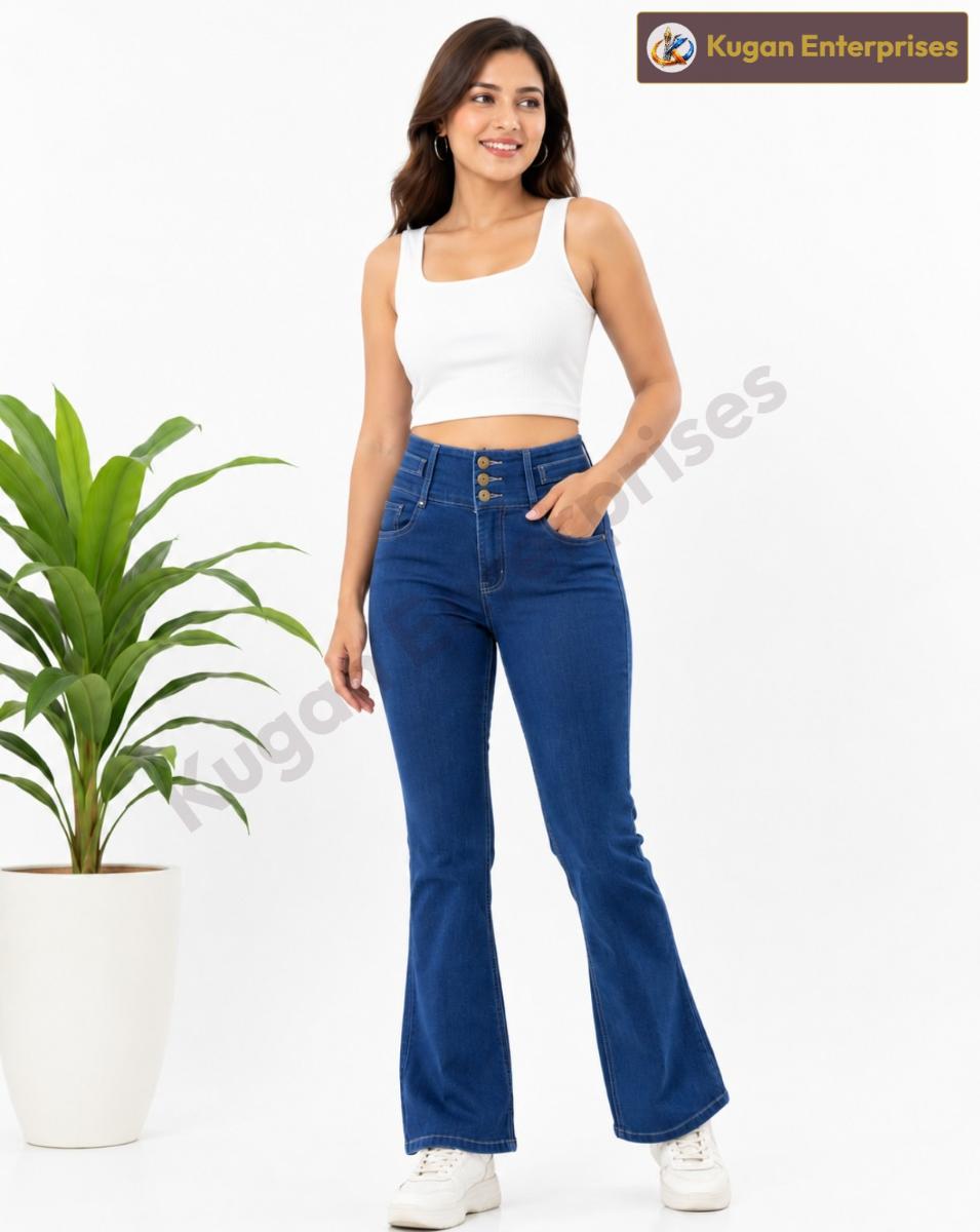 Women's Premium High-Waist 3 Golden Button Flared Stretch Jeans | Hip Comfort Fit | Dark Blue