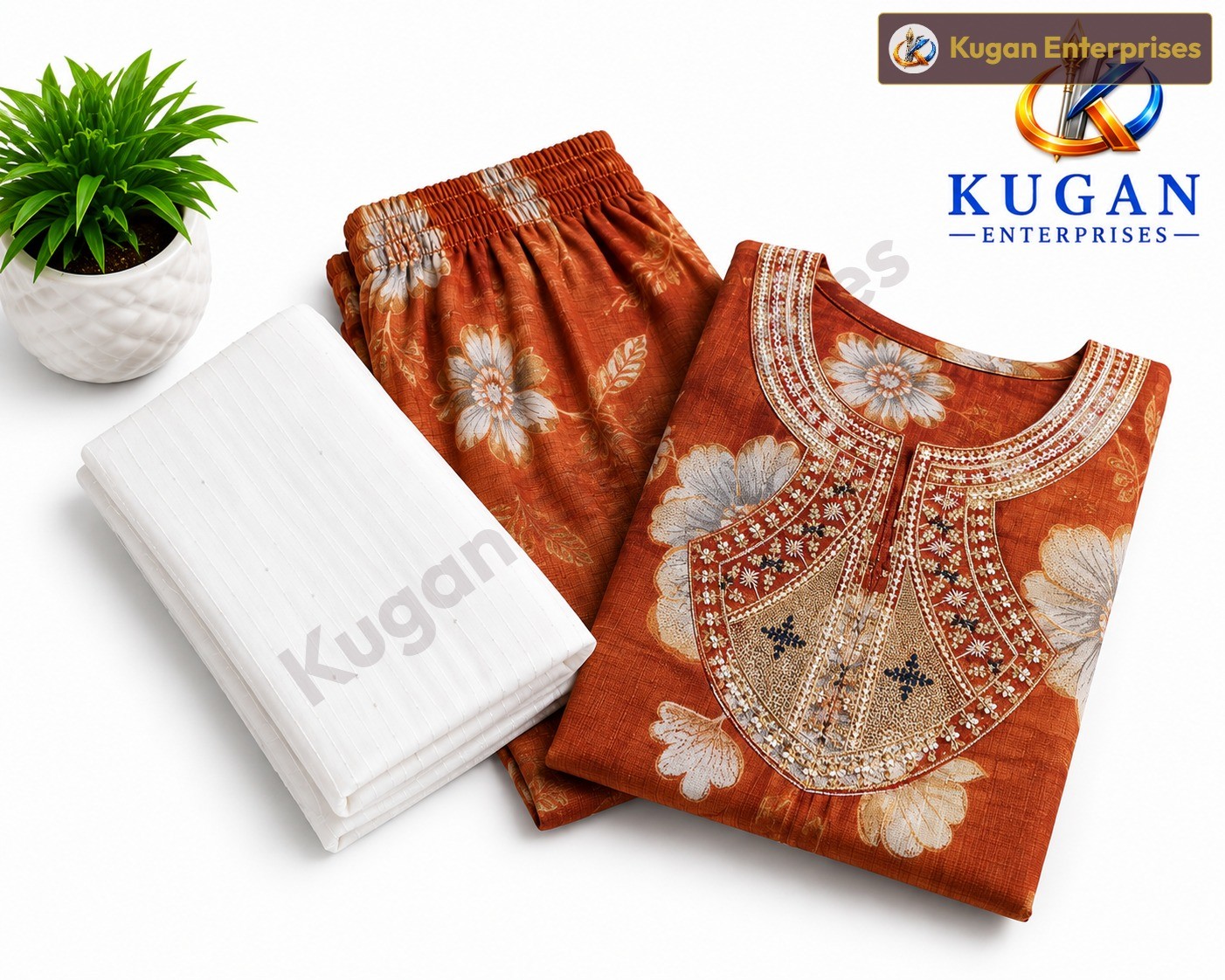 Rust Blossom Embroidered Kurta Pant Dupatta Set