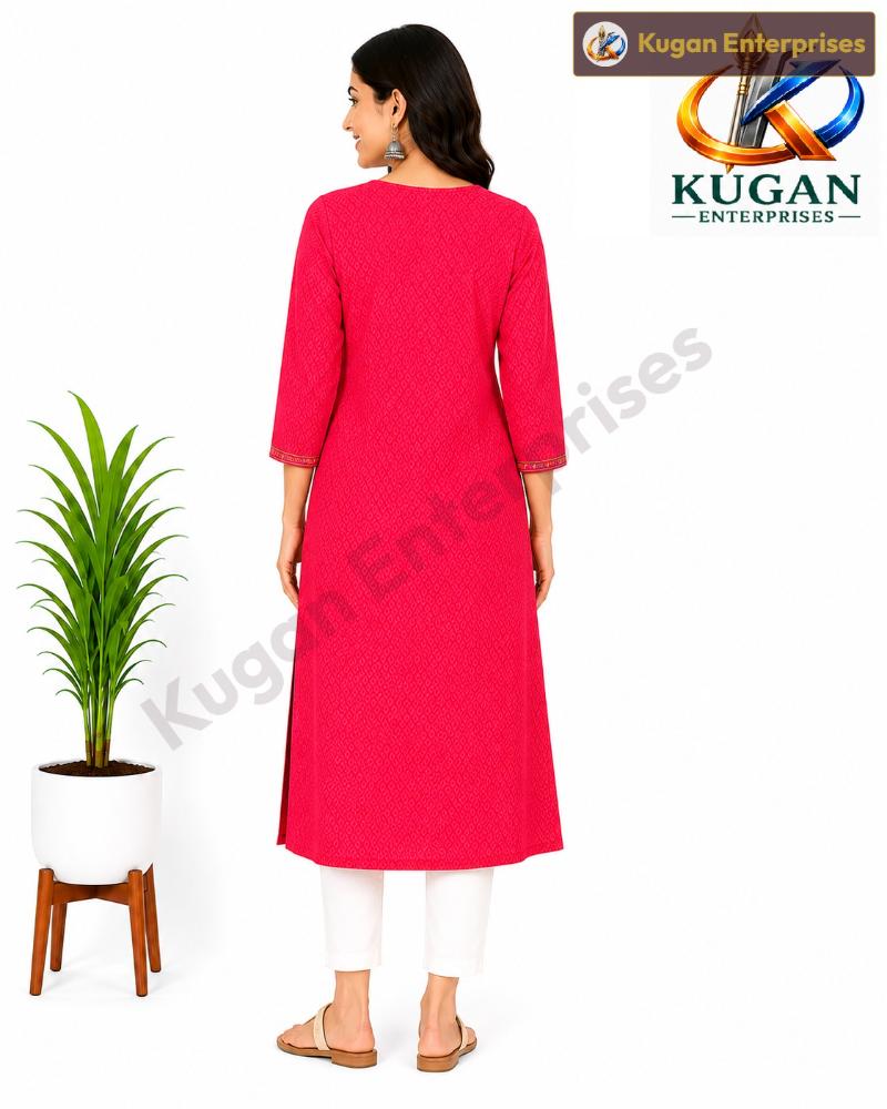 Rani Pink Geometric Embroidered Cotton-Polyester Kurti