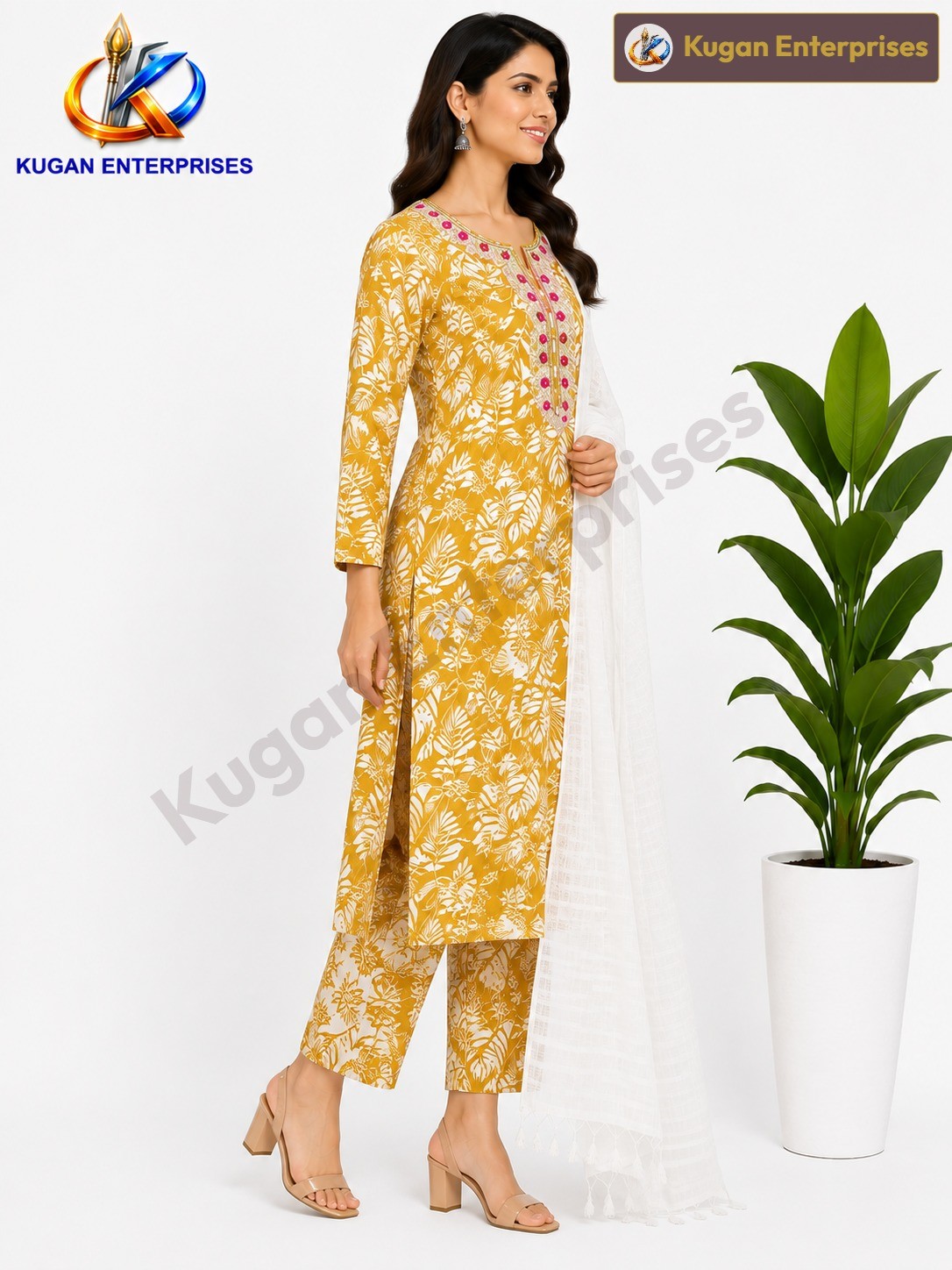Mustard Floral Embroidered Kurta Set with Printed Pant & White Dupatta