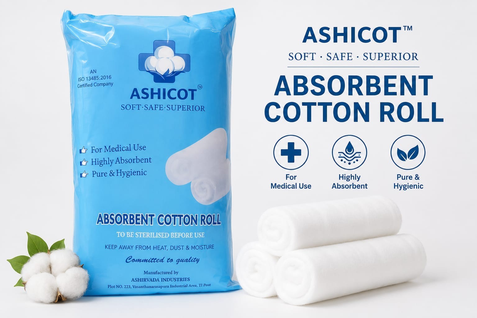ASHICOT Absorbent Cotton Roll 250gm for Medical Use – 100% Pure, Soft & Non-Sterile for First Aid, Wound Dressing, Baby Cleaning, Clinics