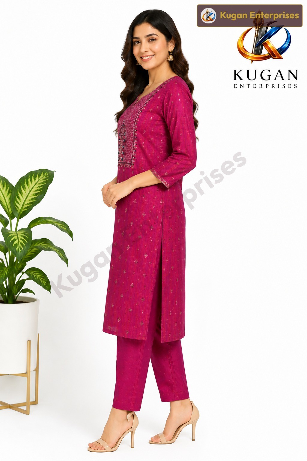 Magenta Embroidered Cotton Blend Kurta Set with Straight Pant