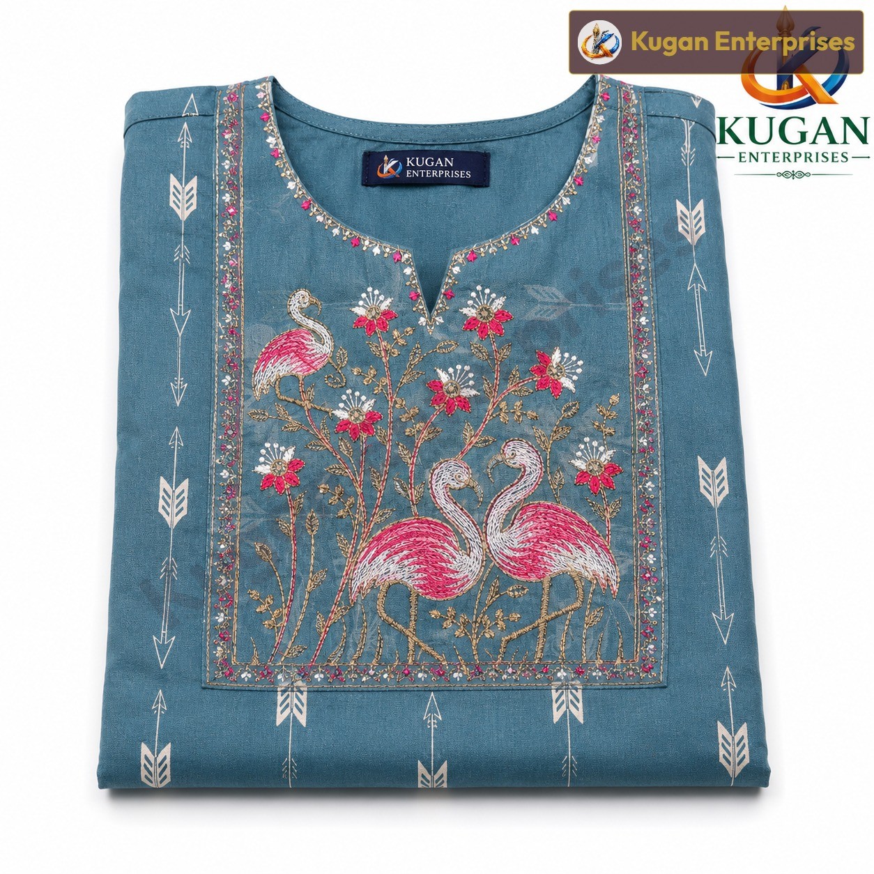 Teal Blue Flamingo Embroidered Rayon Kurta