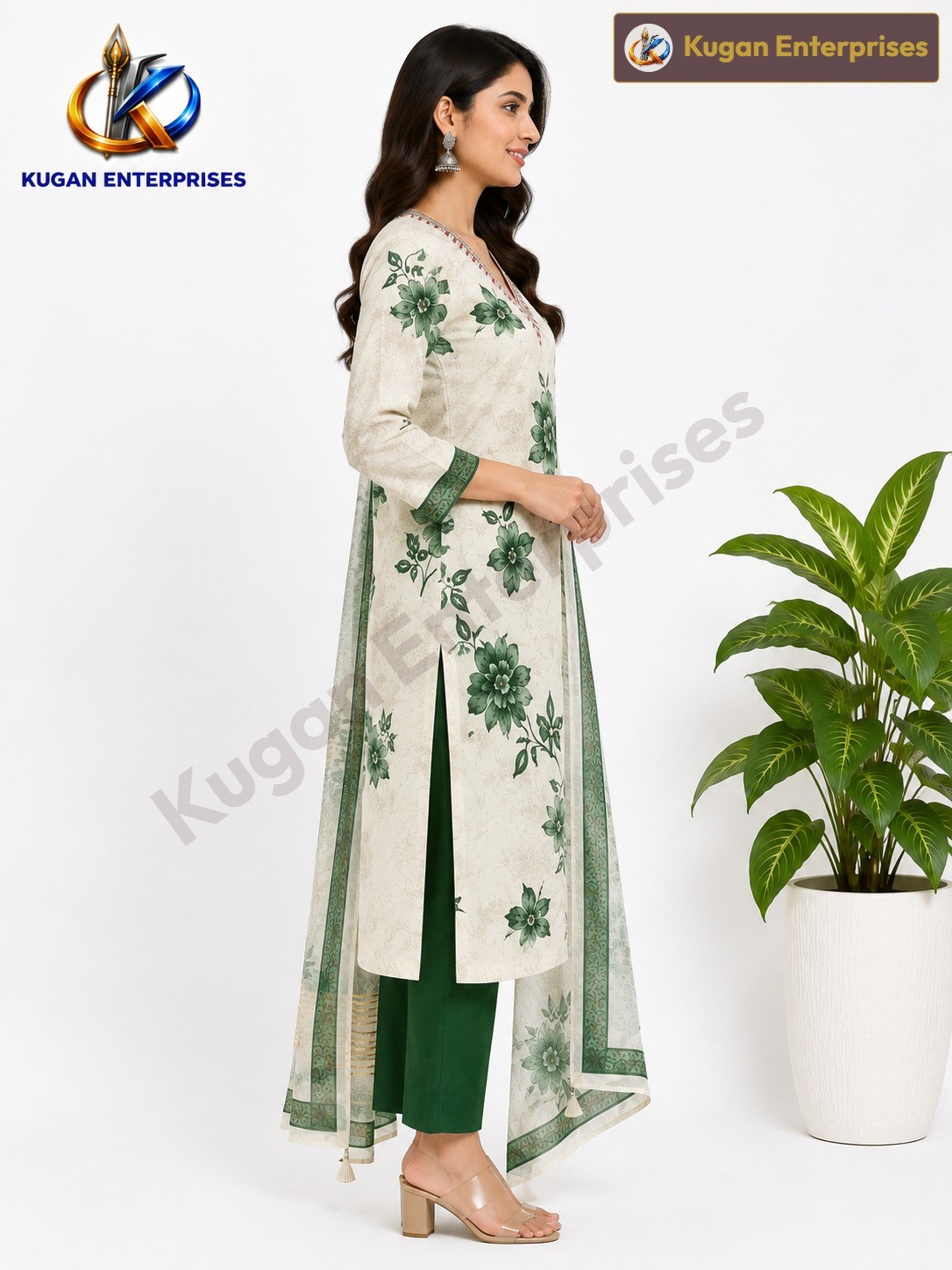Green Floral Printed Kurta Set with Organza Dupatta – Cream & Green