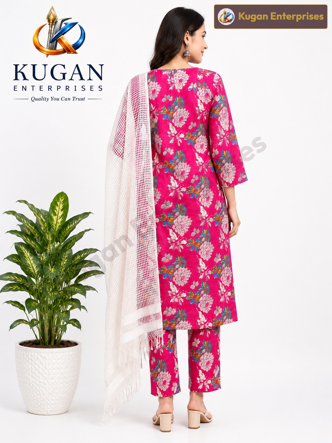 Women's Pink Floral Printed Kurta Set with Printed Pants & White Net Dupatta