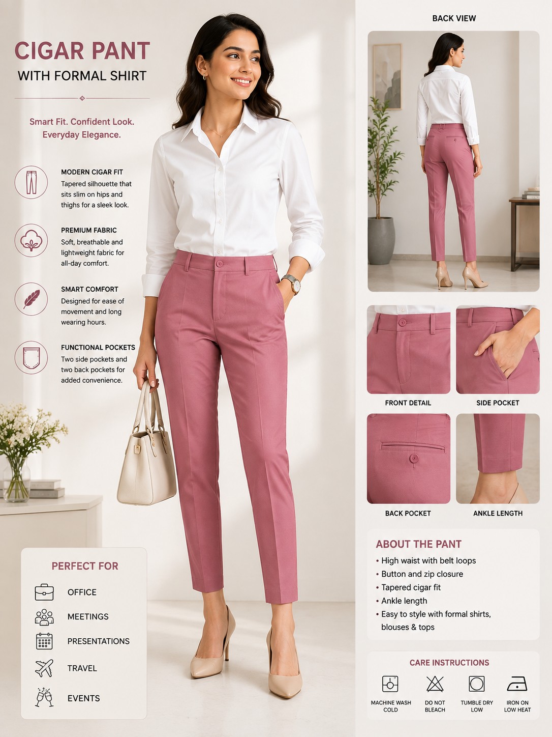 Women’s Pink Cigar Pant – Smart Fit Formal Trousers