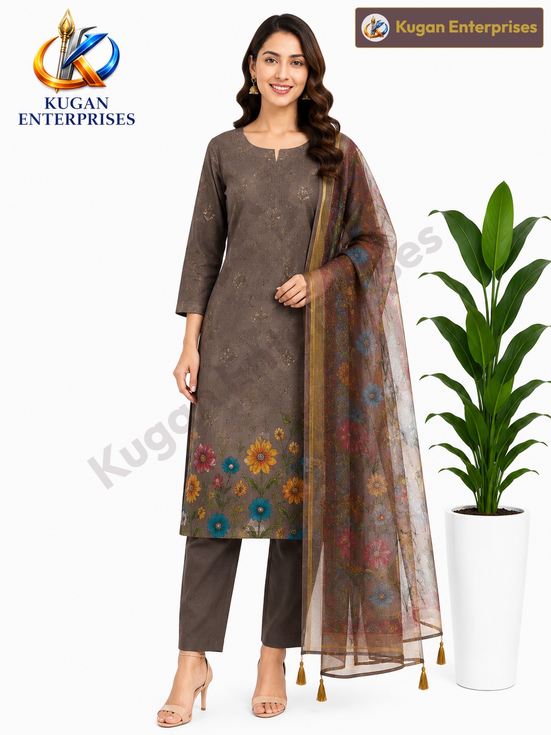 Taupe Floral Designer Kurta Set with Organza Dupatta