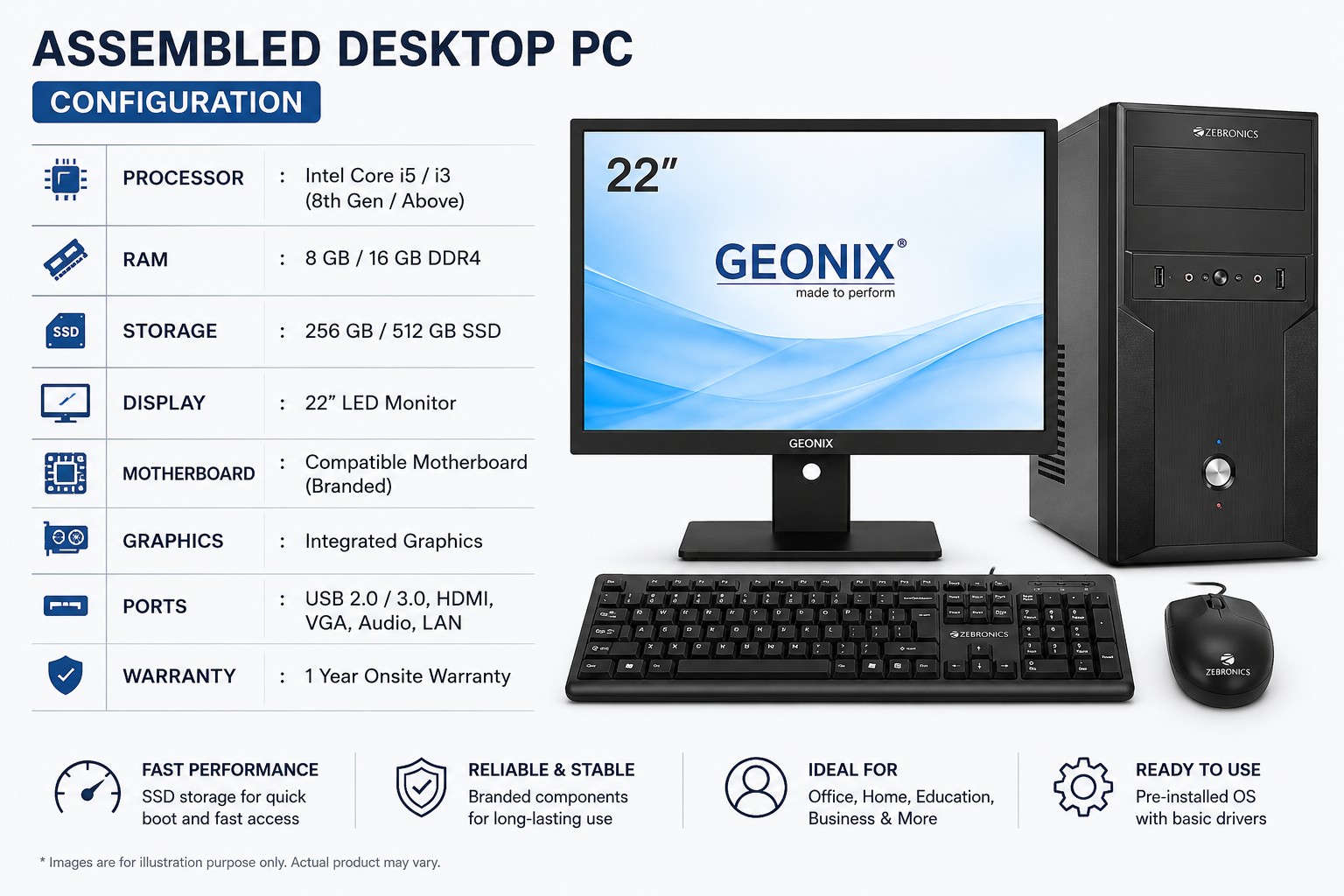 Desktop PC – Intel Core i5  8th Gen | 8GB RAM | 256 SSD | 22" Monitor