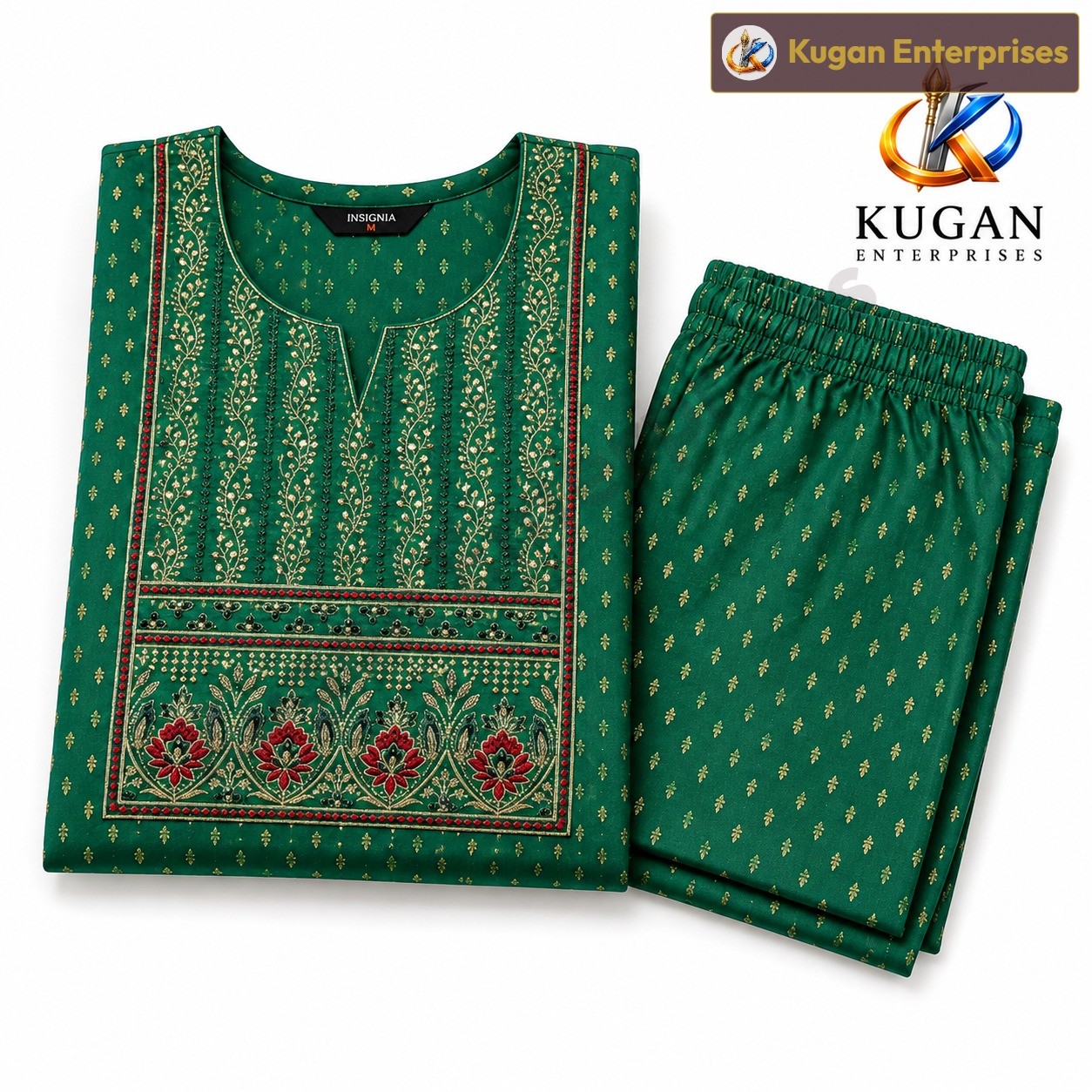 Emerald Green Floral Embroidered Kurta with Straight Pant