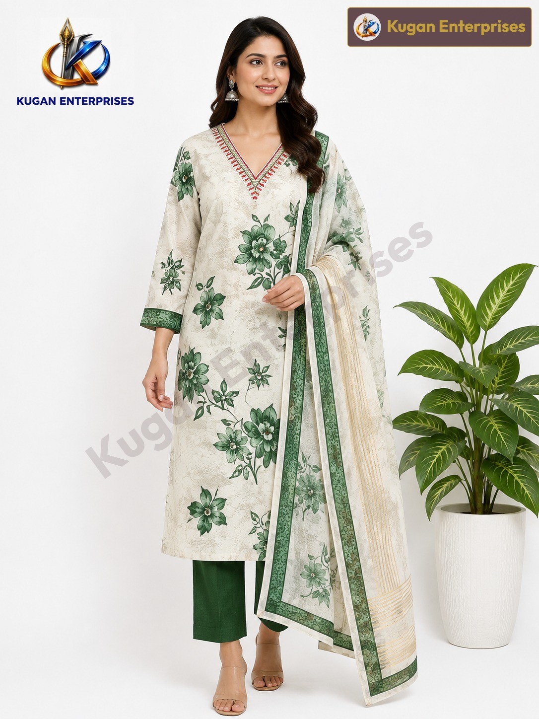 Green Floral Printed Kurta Set with Organza Dupatta – Cream & Green