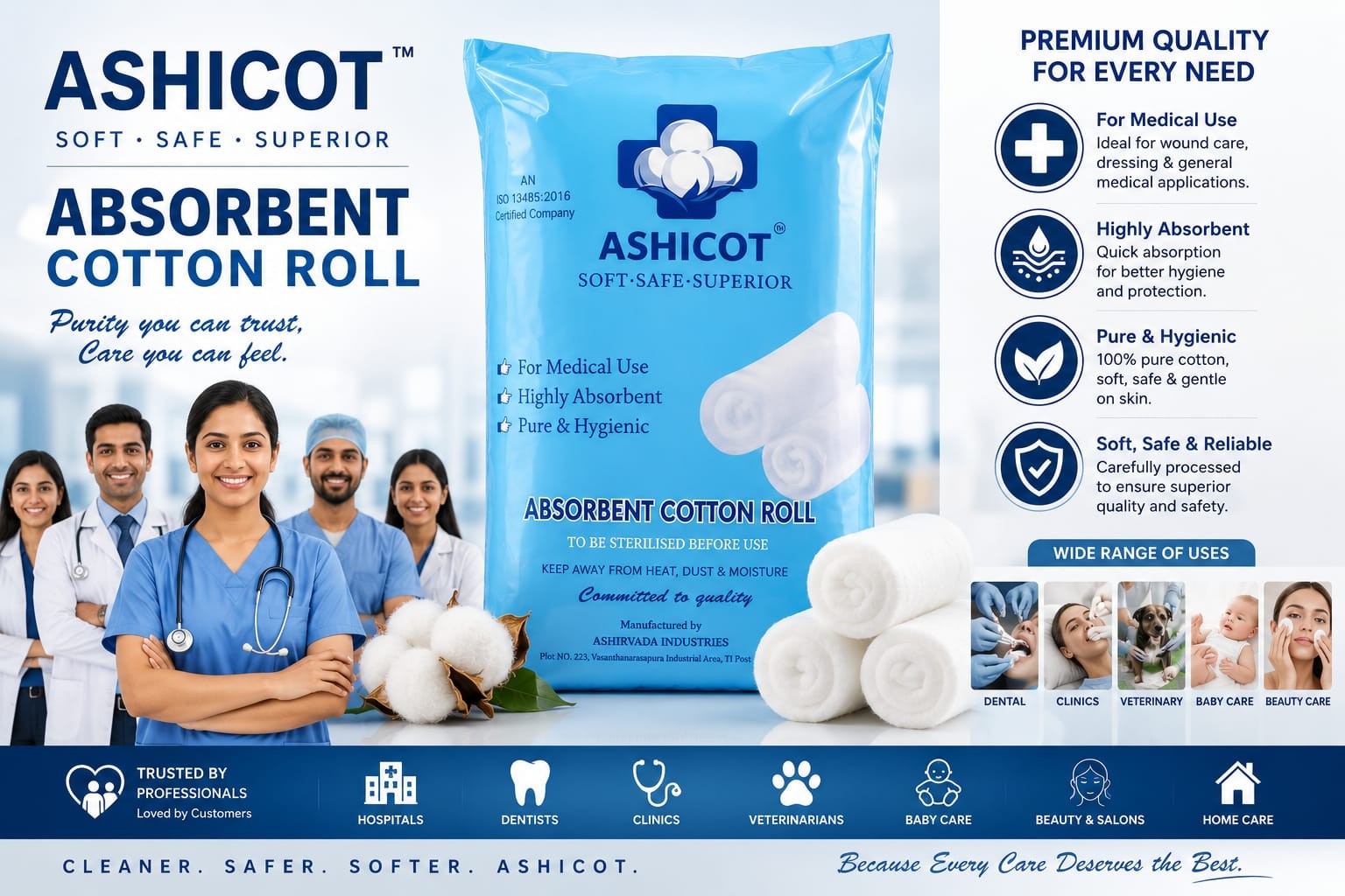 ASHICOT Absorbent Cotton Roll 500gm for Medical Use – 100% Pure, Soft & Non-Sterile for First Aid, Wound Dressing, Baby Cleaning, Clinics,