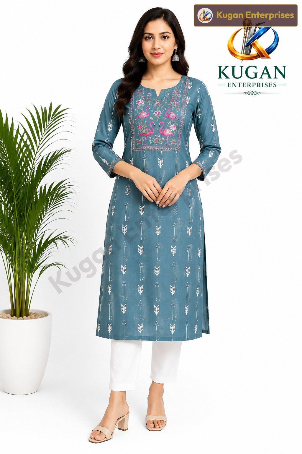 Teal Blue Flamingo Embroidered Rayon Kurta