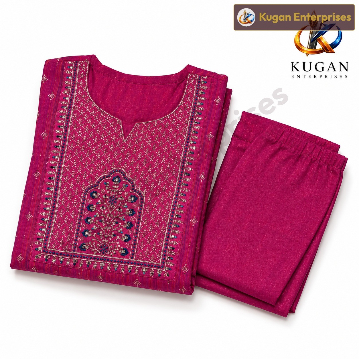 Magenta Embroidered Cotton Blend Kurta Set with Straight Pant
