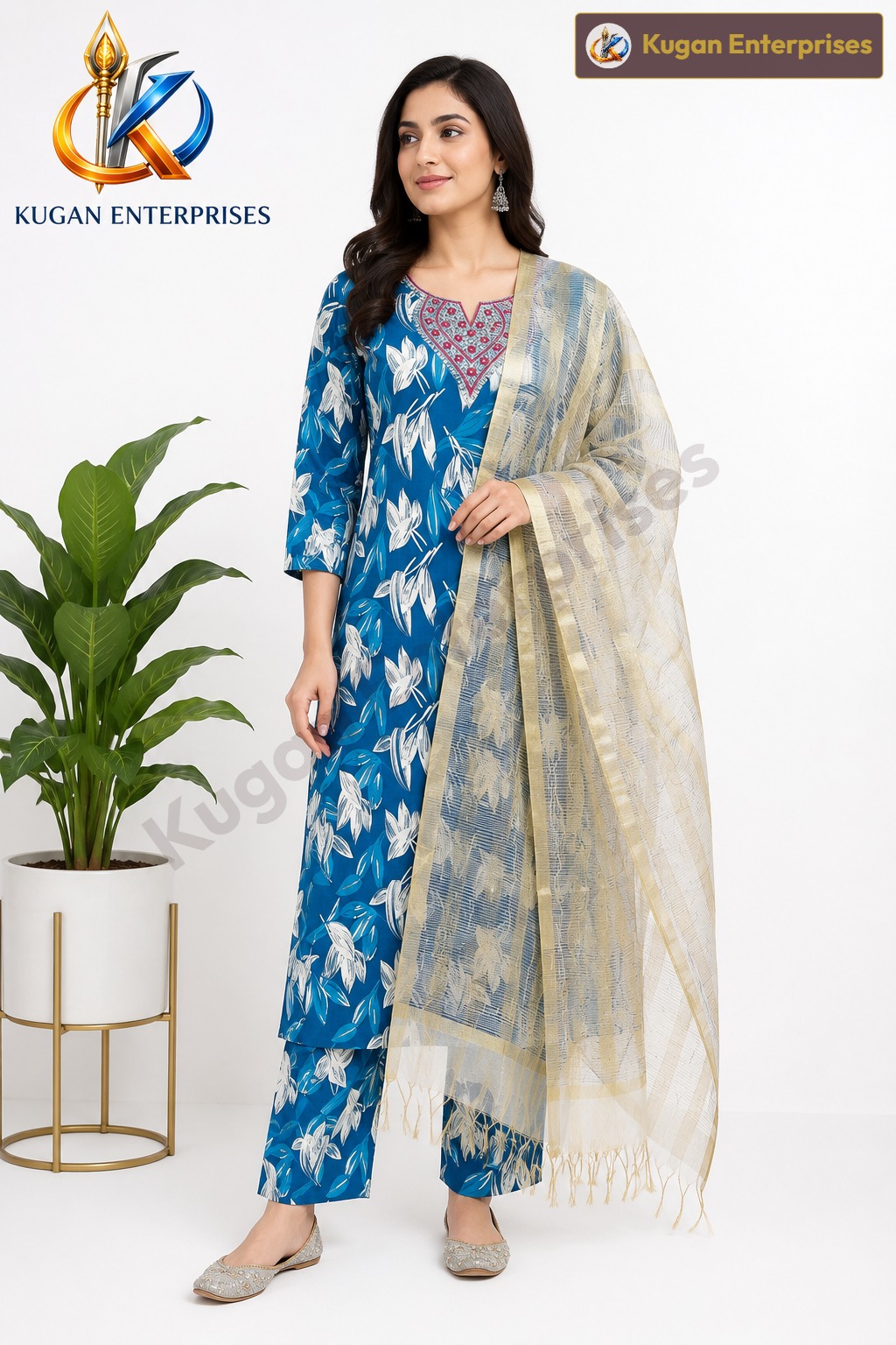 Blue Floral Embroidered Kurta Pant Set with Gold Tissue Dupatta