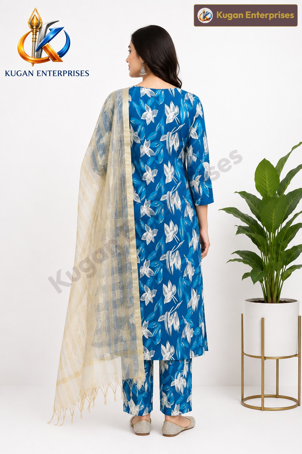 Blue Floral Embroidered Kurta Pant Set with Gold Tissue Dupatta